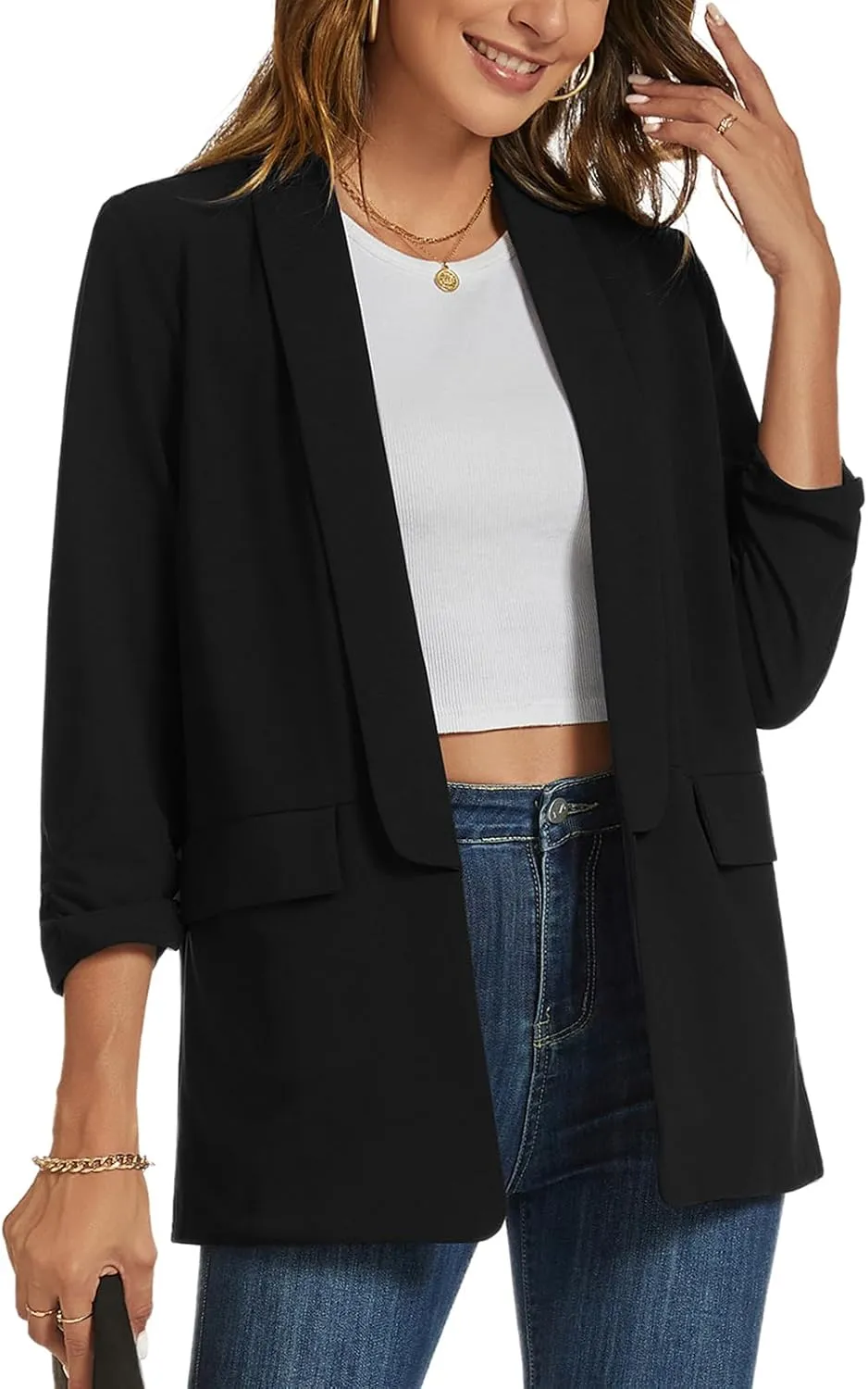 Womens Casual Blazer Ruched 3/4 Sleeve 2025 Shawl Lapel Office Lightweight Open Front Casual Jackets with Pockets