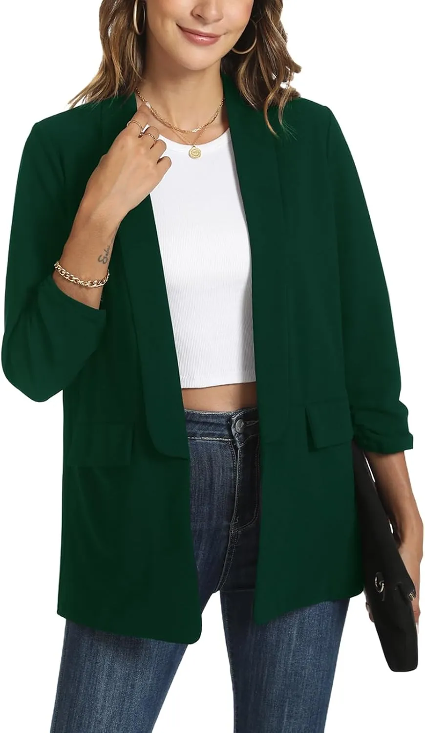 Womens Casual Blazer Ruched 3/4 Sleeve 2025 Shawl Lapel Office Lightweight Open Front Casual Jackets with Pockets