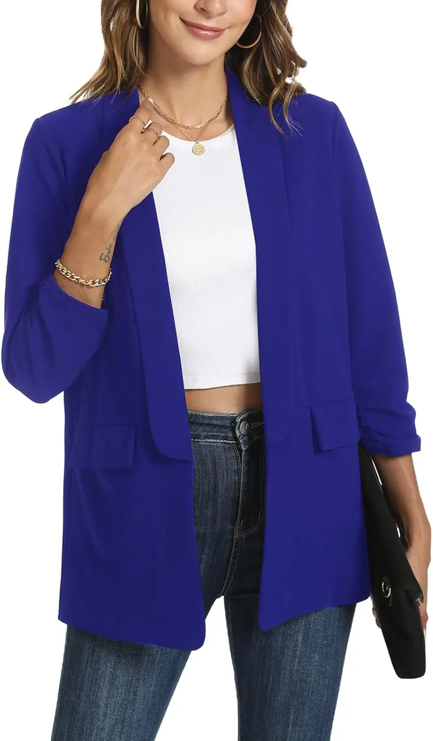 Womens Casual Blazer Ruched 3/4 Sleeve 2025 Shawl Lapel Office Lightweight Open Front Casual Jackets with Pockets