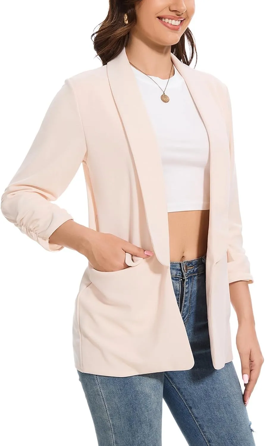 Womens Casual Blazer Ruched 3/4 Sleeve 2025 Shawl Lapel Office Lightweight Open Front Casual Jackets with Pockets