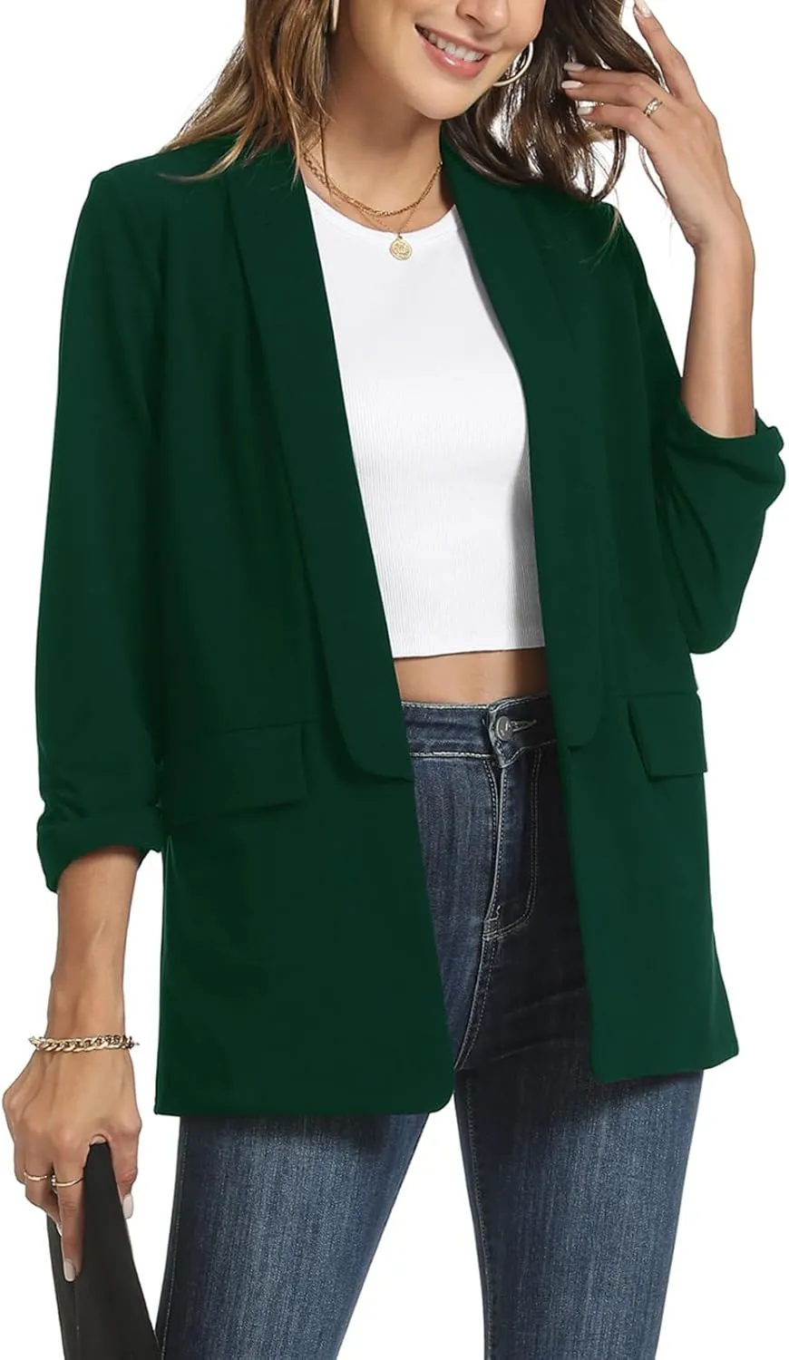 Womens Casual Blazer Ruched 3/4 Sleeve 2025 Shawl Lapel Office Lightweight Open Front Casual Jackets with Pockets