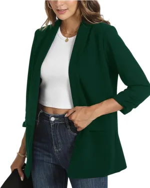Womens Casual Blazer Ruched 3/4 Sleeve 2025 Shawl Lapel Office Lightweight Open Front Casual Jackets with Pockets