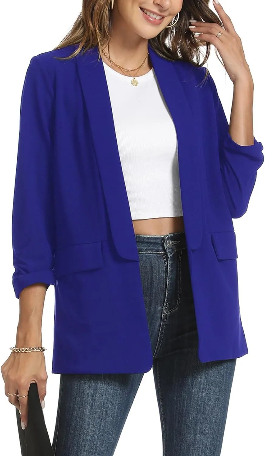 Womens Casual Blazer Ruched 3/4 Sleeve 2025 Shawl Lapel Office Lightweight Open Front Casual Jackets with Pockets