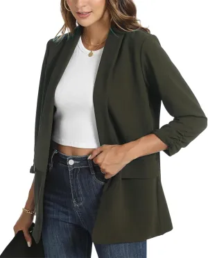 Womens Casual Blazer Ruched 3/4 Sleeve 2025 Shawl Lapel Office Lightweight Open Front Casual Jackets with Pockets