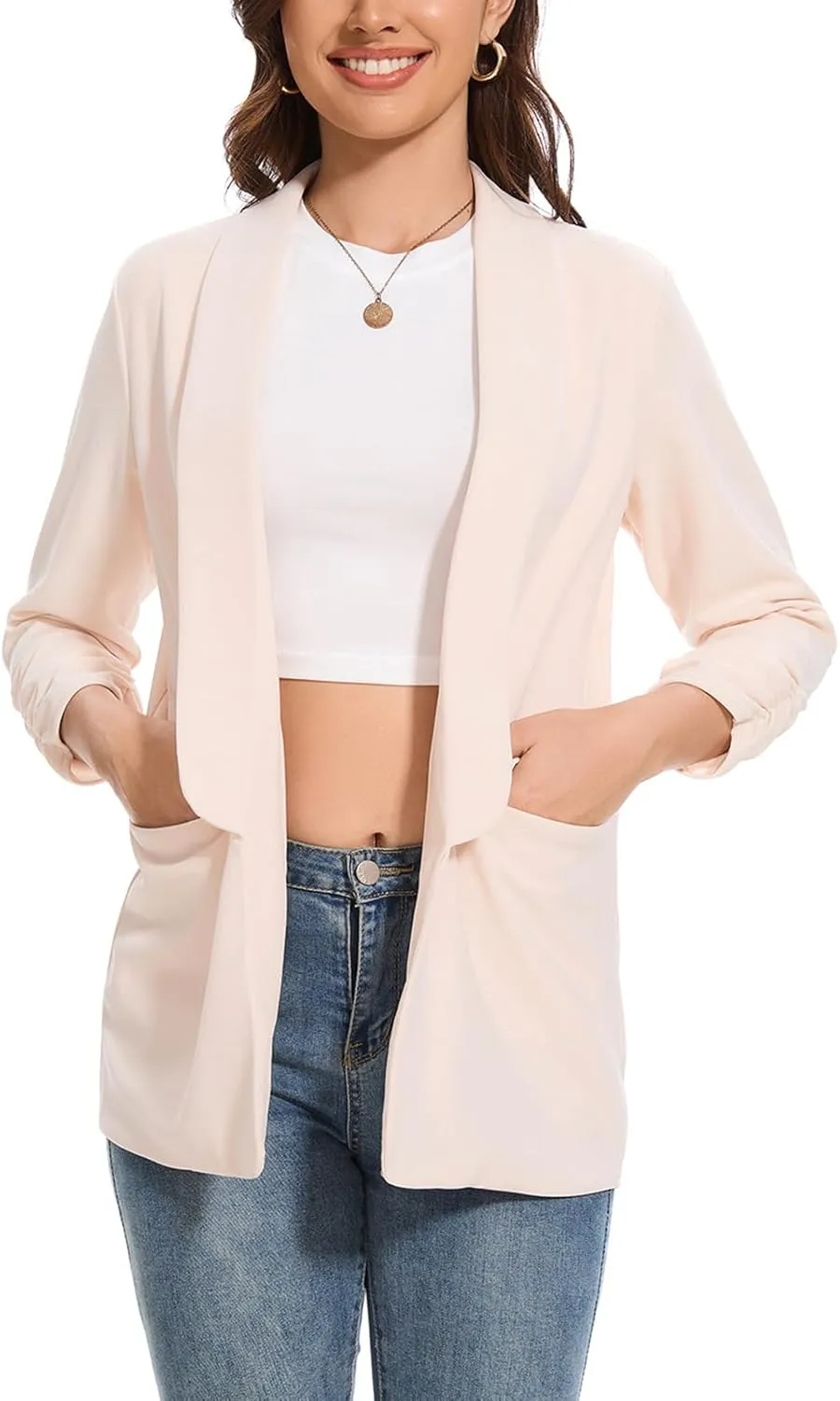 Womens Casual Blazer Ruched 3/4 Sleeve 2025 Shawl Lapel Office Lightweight Open Front Casual Jackets with Pockets