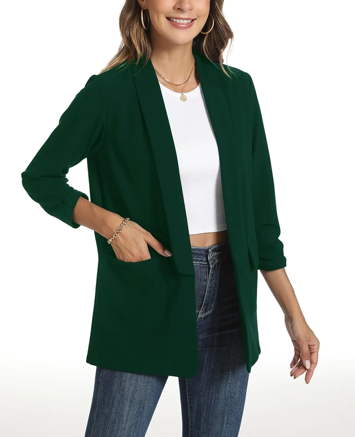 Womens Casual Blazer Ruched 3/4 Sleeve 2025 Shawl Lapel Office Lightweight Open Front Casual Jackets with Pockets