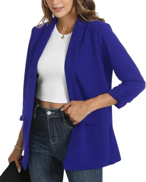 Womens Casual Blazer Ruched 3/4 Sleeve 2025 Shawl Lapel Office Lightweight Open Front Casual Jackets with Pockets
