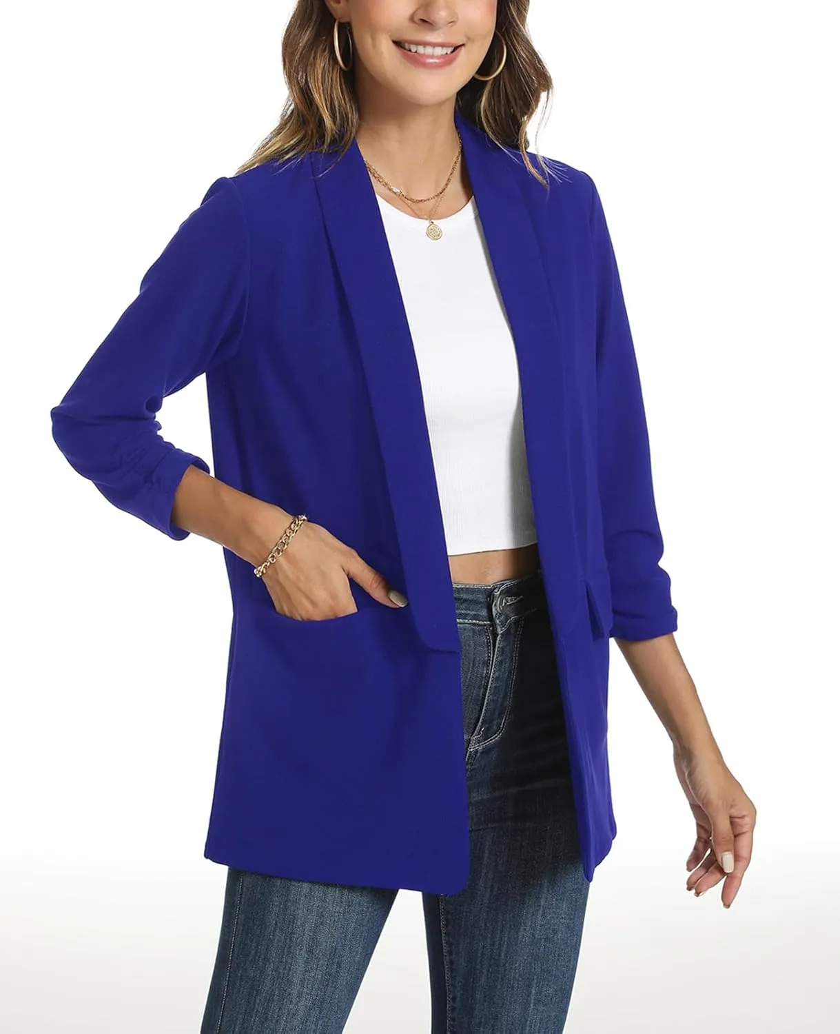 Womens Casual Blazer Ruched 3/4 Sleeve 2025 Shawl Lapel Office Lightweight Open Front Casual Jackets with Pockets
