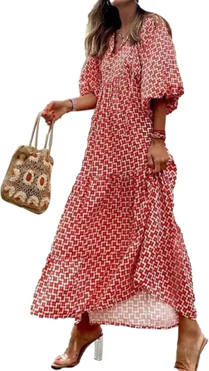Women's Casual Loose Bohemian Maxi Dress Floral V Neck Puff Long Sleeve Tiered Long Swing Dress Summer Beach Sundress