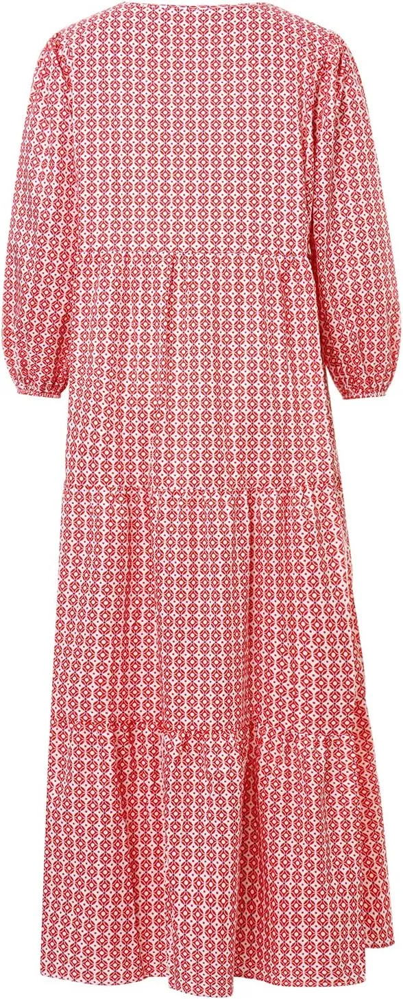 Women's Casual Loose Bohemian Maxi Dress Floral V Neck Puff Long Sleeve Tiered Long Swing Dress Summer Beach Sundress