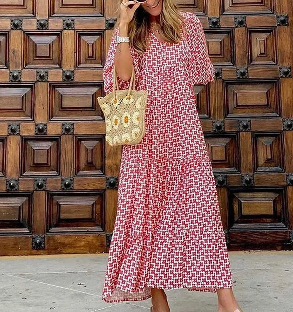 Women's Casual Loose Bohemian Maxi Dress Floral V Neck Puff Long Sleeve Tiered Long Swing Dress Summer Beach Sundress