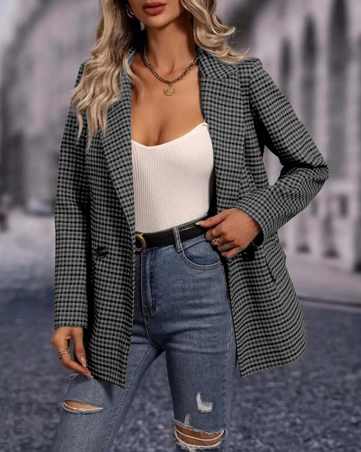 Womens Casual Plaid Blazer Open Front Jackets Long Sleeve Work Business Lapel Jacket Blazers with Pockets