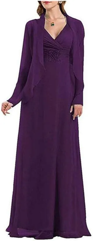 Women's Chiffon V-Neck Evening Dress Bead Pleat Waist Dress for Mother of The Bride Plus Size 2 PC