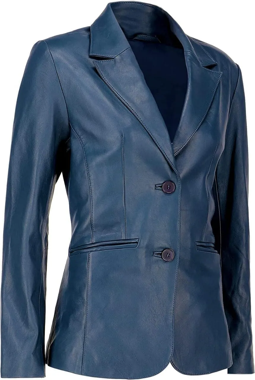 Women's Classic 2-Button Lambskin Leather Blazer Women - Casual Coat Long Sleeves Suit Style Leather Jacket