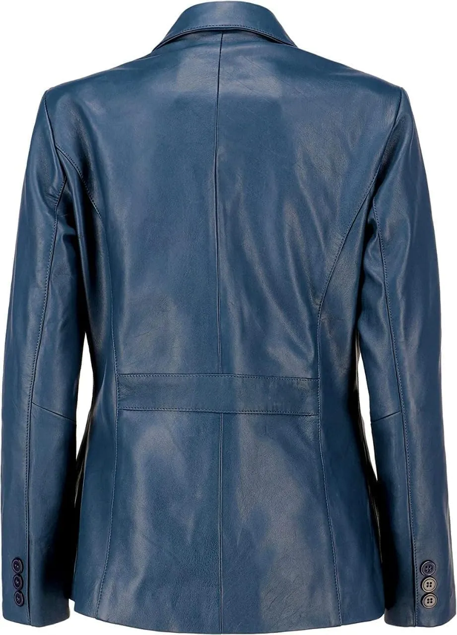 Women's Classic 2-Button Lambskin Leather Blazer Women - Casual Coat Long Sleeves Suit Style Leather Jacket
