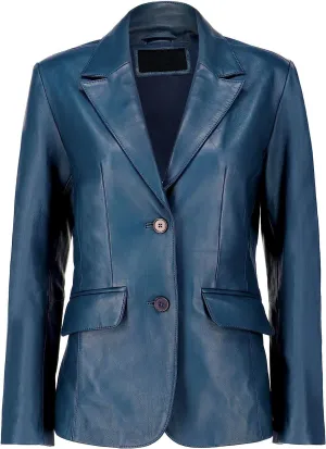 Women's Classic 2-Button Lambskin Leather Blazer Women - Casual Coat Long Sleeves Suit Style Leather Jacket