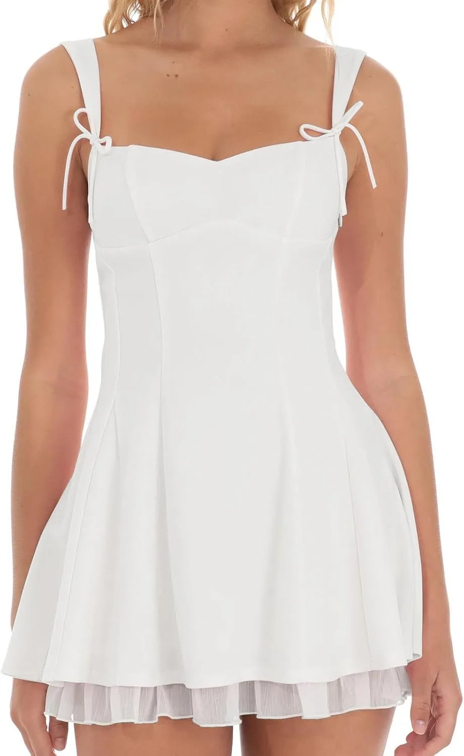 Womens Corset Mini Dress Fashion Sleeveless Low Cut Bow Tie Strap Solid Color Skater Tank Dress Summer Bustier Sundress