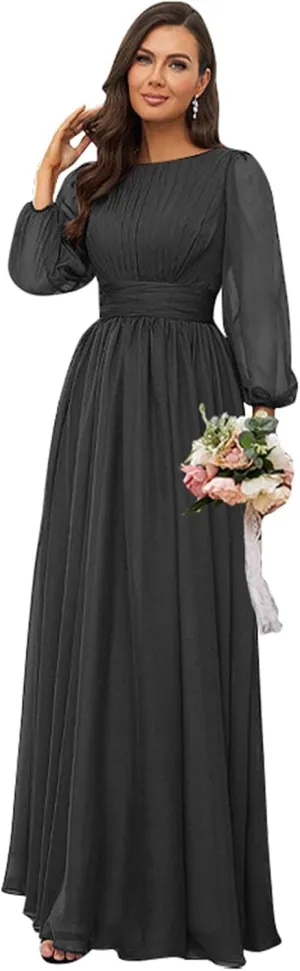 Women's Crew Neck Bridesmaid Dresses Long Sleeves Chiffon Pleated Formal Party Gown