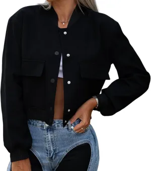 Womens Cropped Jackets Long Sleeve Button Down Stand Collar Trendy Casual Solid Color Coats with Pockets