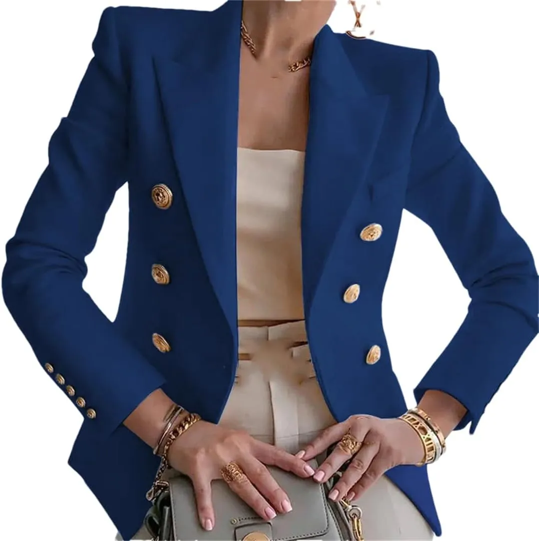 Women's Double Breasted Solid Color Slim Long Sleeve Business Casual Short Jacket Office Blazer