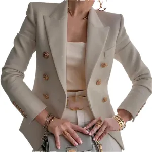 Women's Double Breasted Solid Color Slim Long Sleeve Business Casual Short Jacket Office Blazer