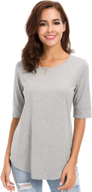 Womens Elbow Length Sleeve Tops Summer Fashion Cotton Blouses Casual Tunic Tee Shirts