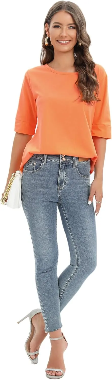 Womens Elbow Length Sleeve Tops Summer Fashion Cotton Blouses Casual Tunic Tee Shirts
