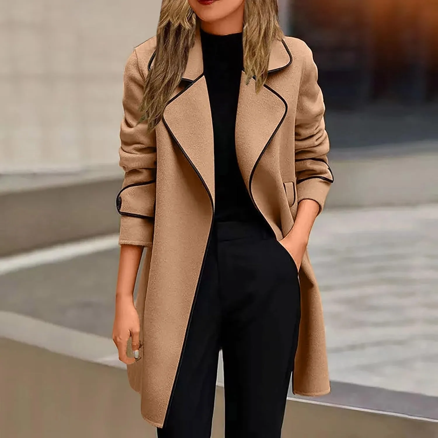 Women's Fall Winter Trench Coat Elegant Middle Length Coat Overcoat Lapel Wool Blend Pea Coat Jackets Windproof Coat