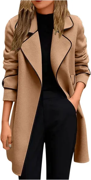 Women's Fall Winter Trench Coat Elegant Middle Length Coat Overcoat Lapel Wool Blend Pea Coat Jackets Windproof Coat