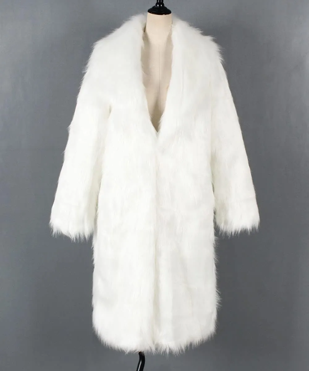 Women's Faux Fur Trench Coats Thermal Winter Open Front Jackets Oversized Mid Length Pea Coat Luxury Overcoat Cardigan