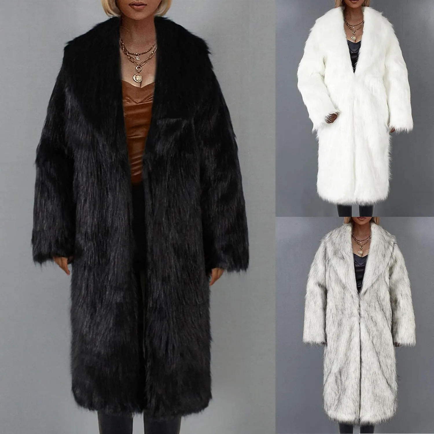 Women's Faux Fur Trench Coats Thermal Winter Open Front Jackets Oversized Mid Length Pea Coat Luxury Overcoat Cardigan