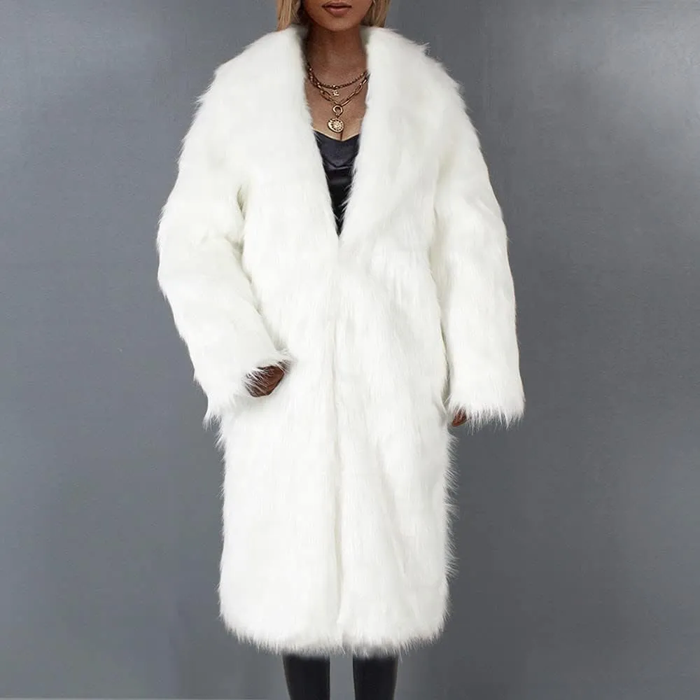 Women's Faux Fur Trench Coats Thermal Winter Open Front Jackets Oversized Mid Length Pea Coat Luxury Overcoat Cardigan