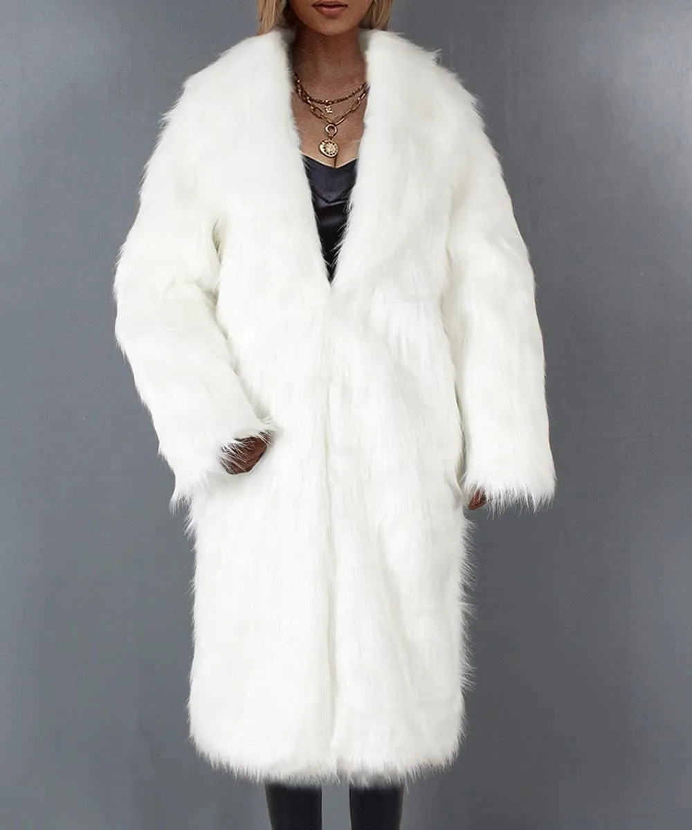 Women's Faux Fur Trench Coats Thermal Winter Open Front Jackets Oversized Mid Length Pea Coat Luxury Overcoat Cardigan