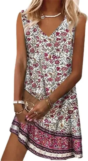 Womens' Floral Sundress Summer Casual Loose Midi Dress Beach Boho Sleeveless High Waist Plus Size Dresses