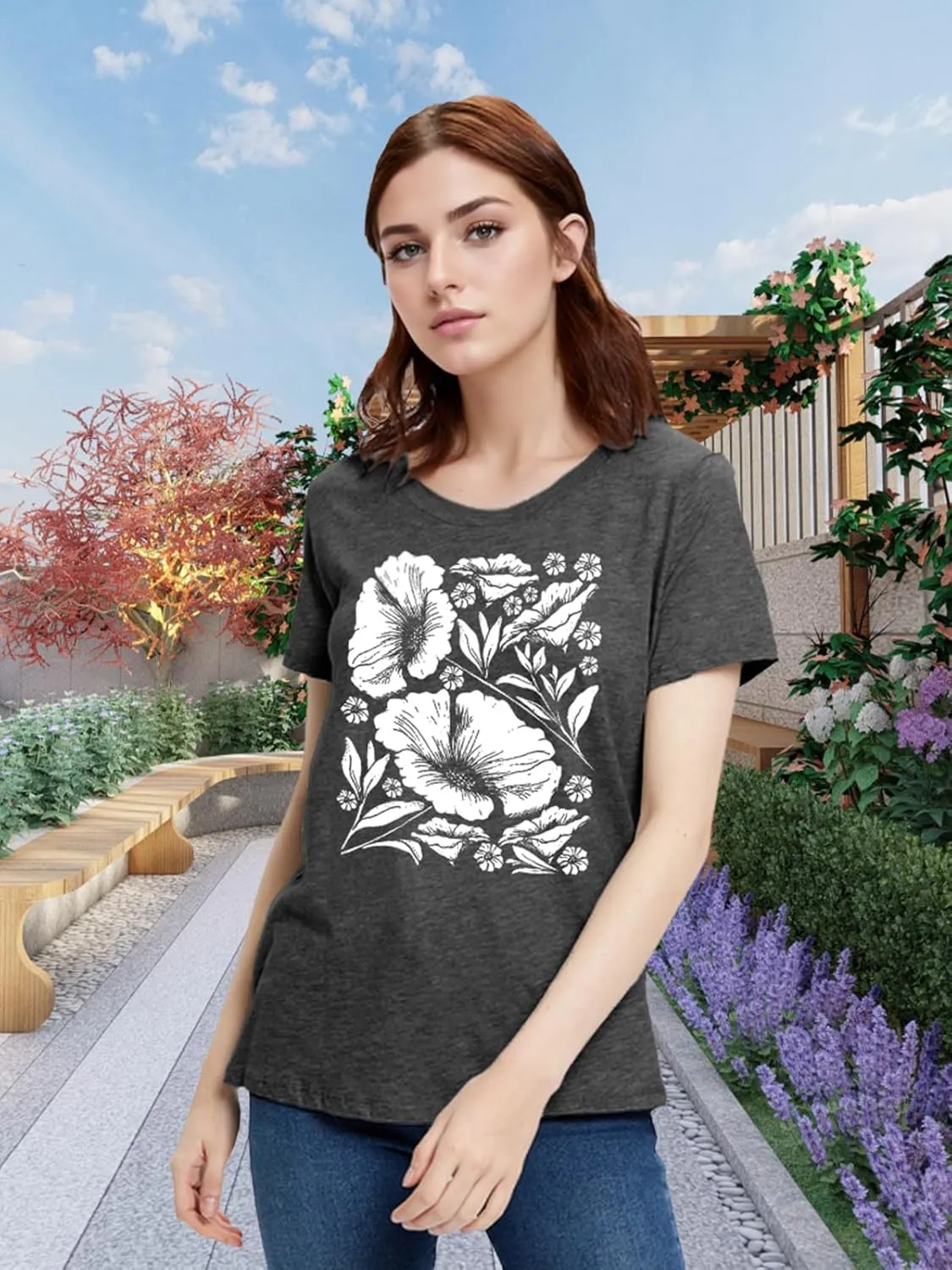 Womens Flower T Shirt Vintage Wildflowers Printed Graphic Tee Casual Botanical Short Sleeve
