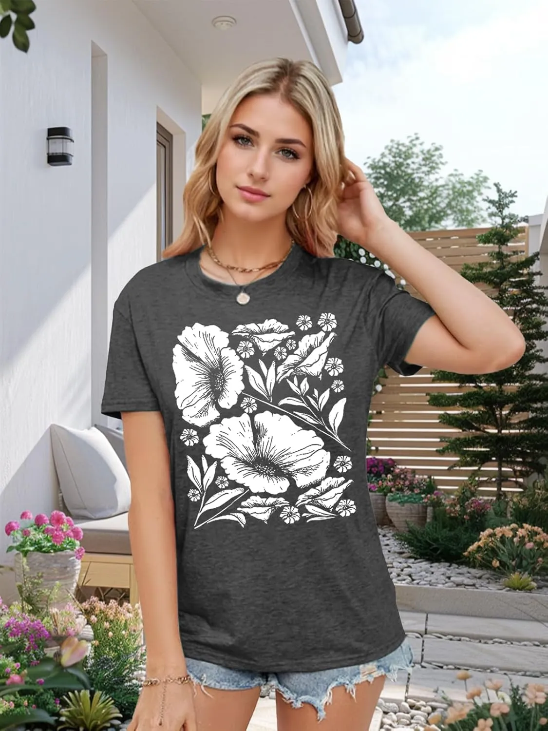 Womens Flower T Shirt Vintage Wildflowers Printed Graphic Tee Casual Botanical Short Sleeve