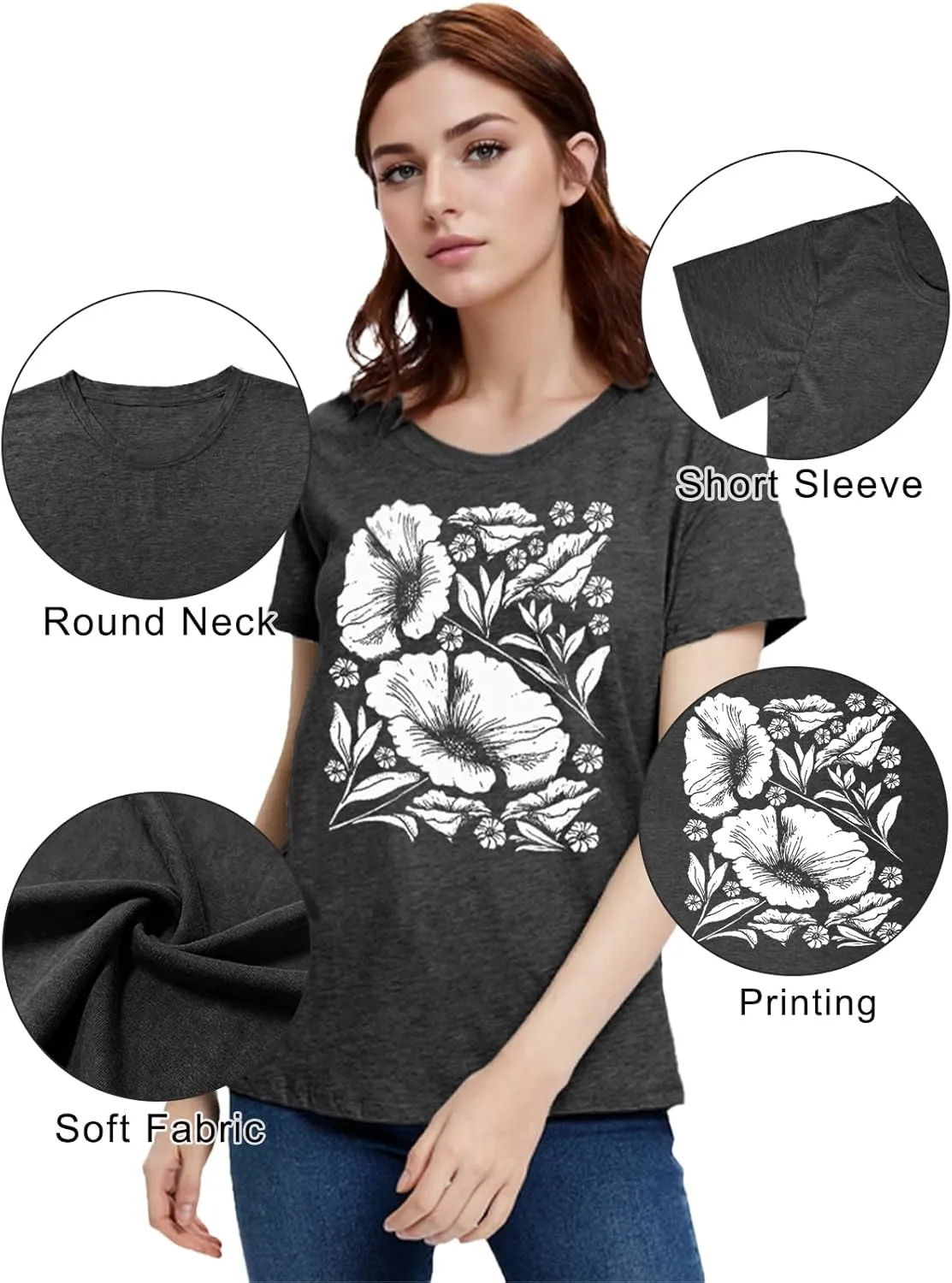 Womens Flower T Shirt Vintage Wildflowers Printed Graphic Tee Casual Botanical Short Sleeve
