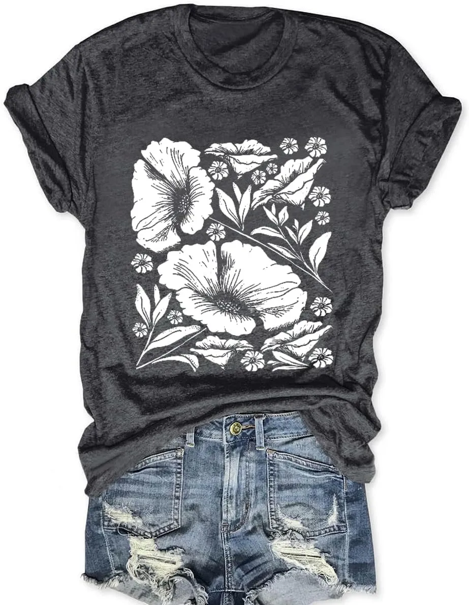 Womens Flower T Shirt Vintage Wildflowers Printed Graphic Tee Casual Botanical Short Sleeve