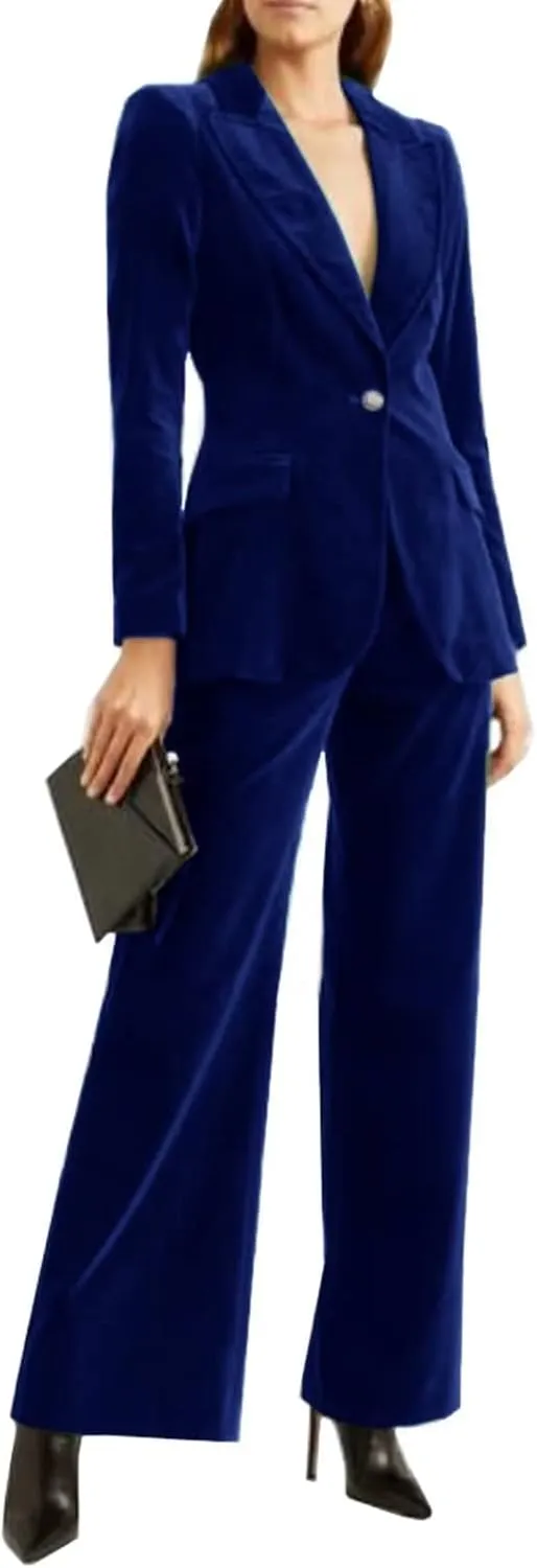 Womens Formal 2 Piece Outfit Velvet Prom Suit Set One Button Business Office Lady Blazer Pants