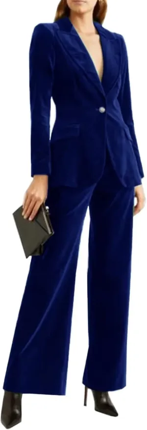 Womens Formal 2 Piece Outfit Velvet Prom Suit Set One Button Business Office Lady Blazer Pants
