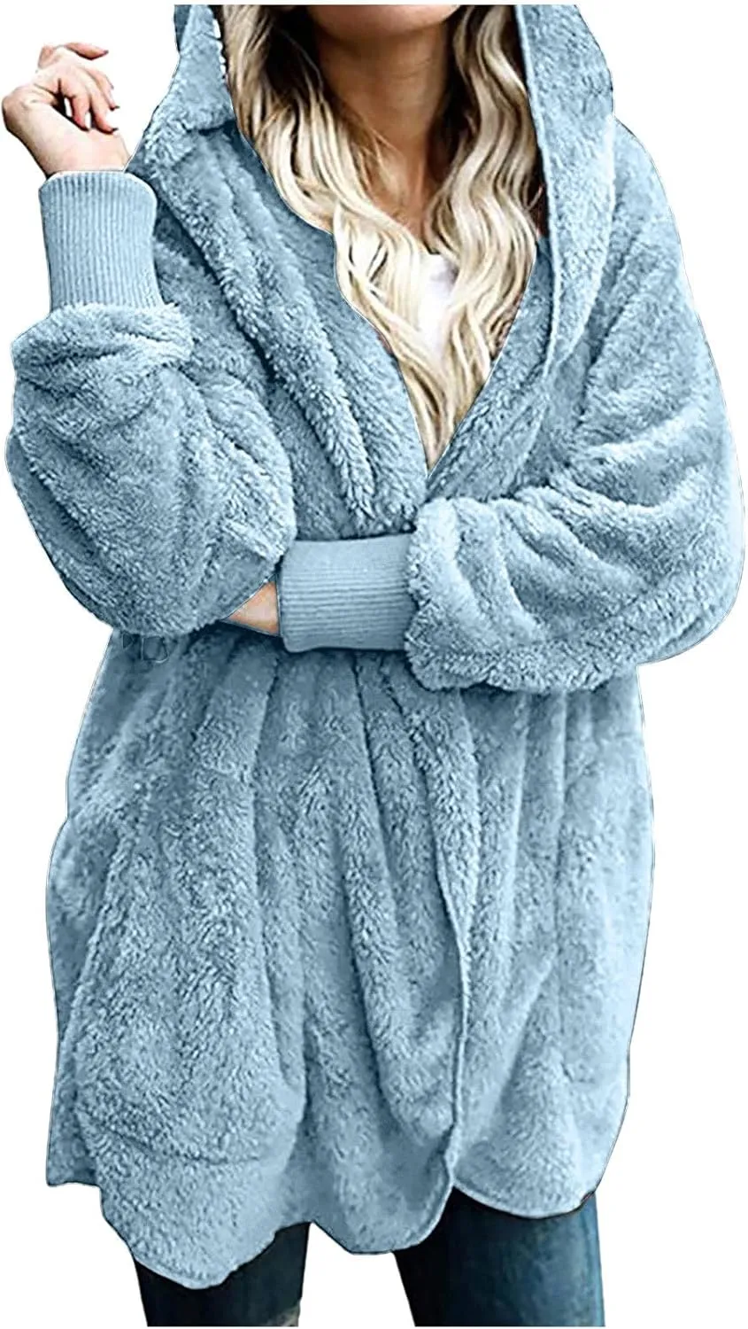 Womens Fuzzy Fleece Cardigan Coat Casual Oversized Open Front Sherpa Hooded Jackets Warm Winter Fluffy Outerwear