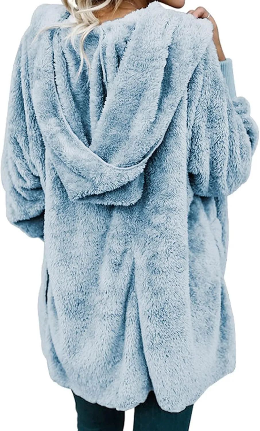 Womens Fuzzy Fleece Cardigan Coat Casual Oversized Open Front Sherpa Hooded Jackets Warm Winter Fluffy Outerwear