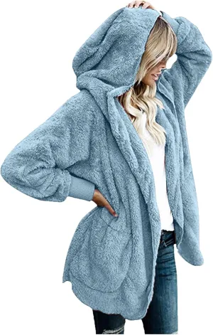 Womens Fuzzy Fleece Cardigan Coat Casual Oversized Open Front Sherpa Hooded Jackets Warm Winter Fluffy Outerwear