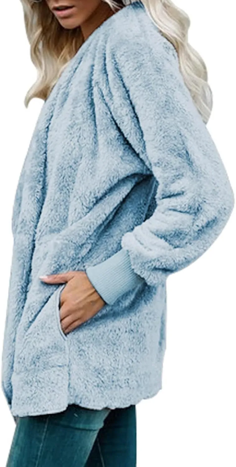 Womens Fuzzy Fleece Cardigan Coat Casual Oversized Open Front Sherpa Hooded Jackets Warm Winter Fluffy Outerwear