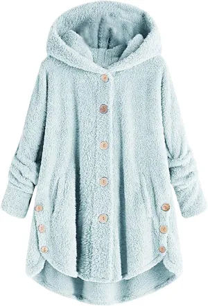 Womens Fuzzy Fleece Jacket Button Hem Plus Size Hoodie Top Sweater Blouse Outerwear with Pockets Women's Winter