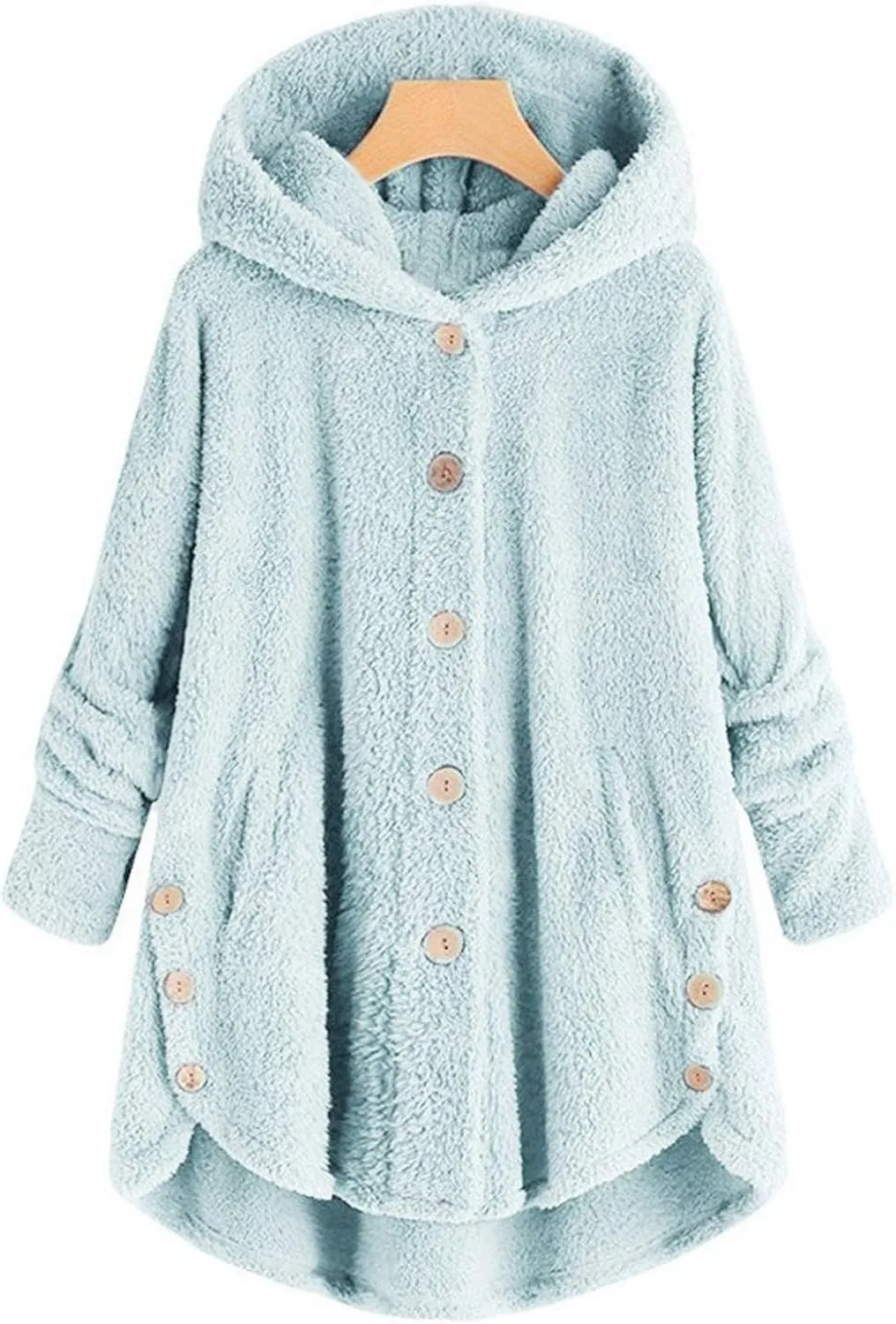 Womens Fuzzy Fleece Jacket Button Hem Plus Size Hoodie Top Sweater Blouse Outerwear with Pockets Women's Winter