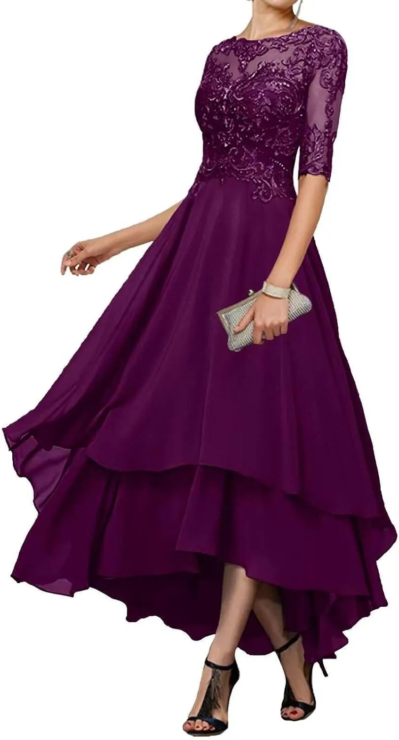 Women's Half Sleeves Mother of The Bride Dresses Tea Length Lace Chiffon Formal Party Gown with Pocket