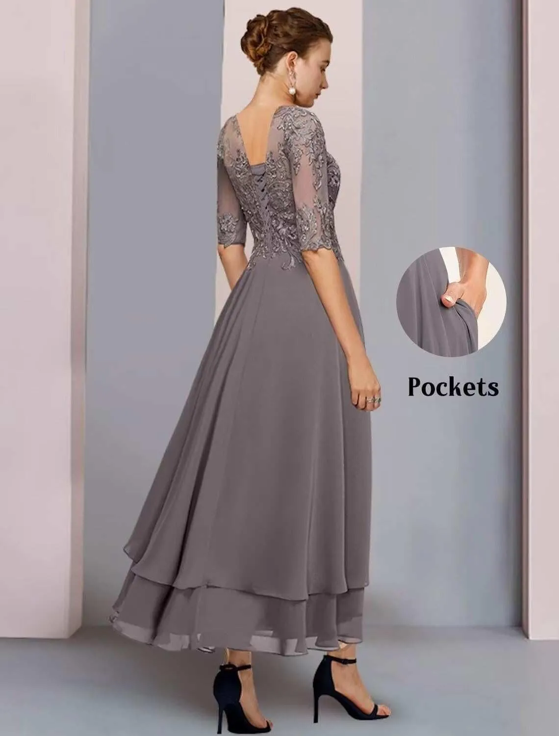 Women's Half Sleeves Mother of The Bride Dresses Tea Length Lace Chiffon Formal Party Gown with Pocket