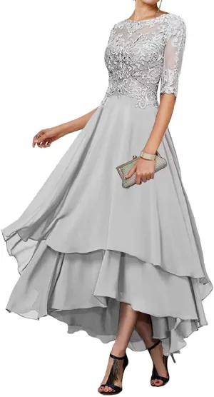 Women's Half Sleeves Mother of The Bride Dresses Tea Length Lace Chiffon Formal Party Gown with Pocket