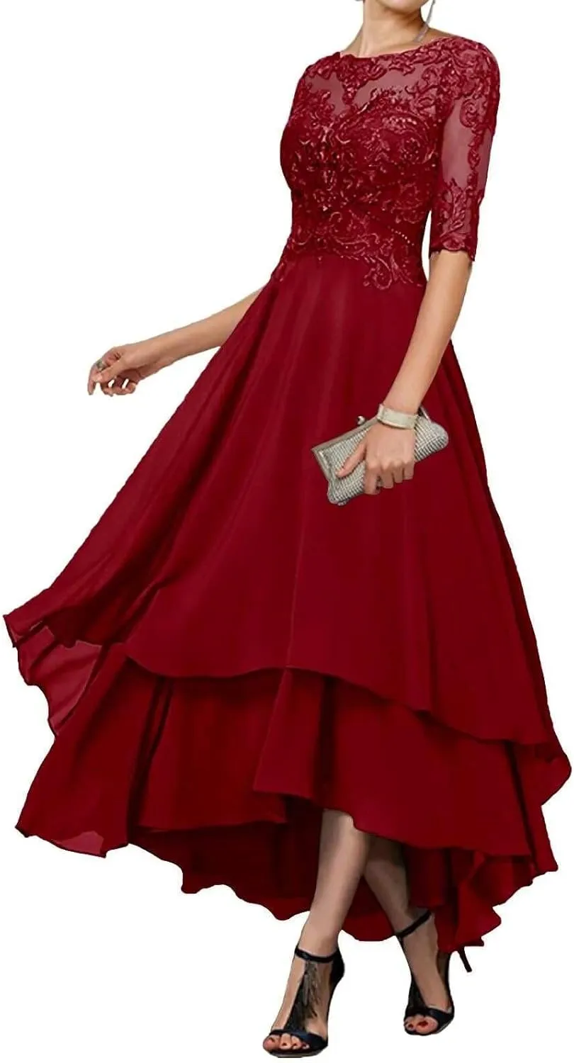 Women's Half Sleeves Mother of The Bride Dresses Tea Length Lace Chiffon Formal Party Gown with Pocket